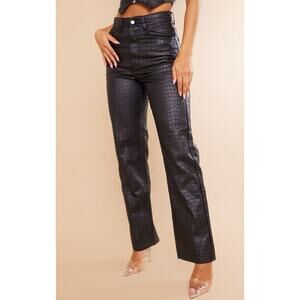 PrettyLittleThing Black Croc Print Coated Denim Straight Leg Jeans Size 2